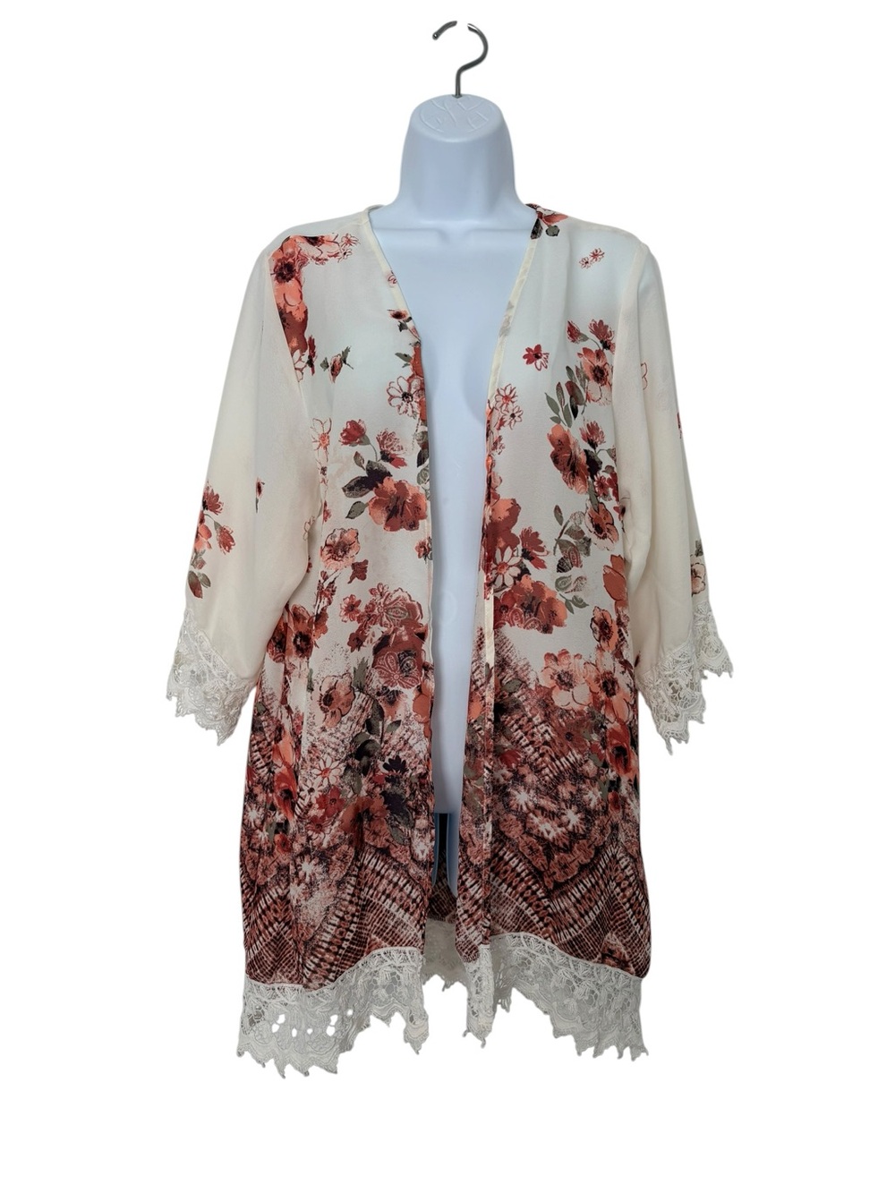Gypsies & Moondust Floral Lace Trim Boho Kimono Cardigan SzL